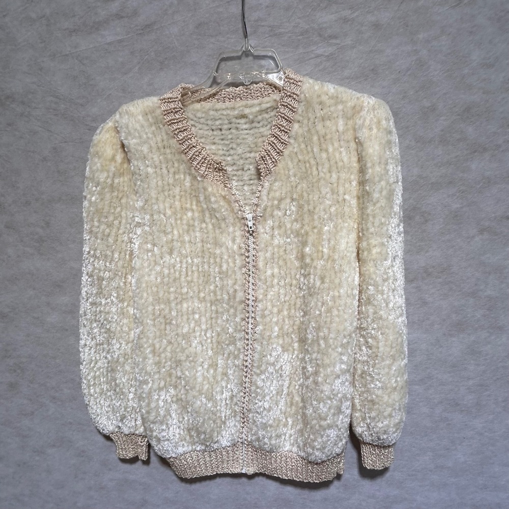 Womens Cream Fuzzy Knit Zip‎ Up Cardigan Sweater Cozy Textured Sweater Handmade